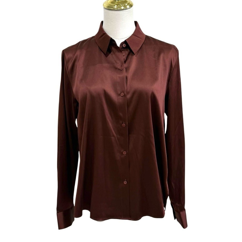 Eileen Fisher XXS Stretch Silk Charmeuse Classic Collar Shirt Redwood NWT $278
